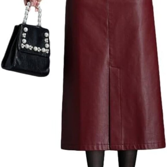 Long Leather Skirts for Women Casual High Waisted Fall Winter Bodycon Midi Skirt - Picture 1 of 2